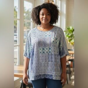 Patchwork Print Tunic Top Blue Boho Plus Size 20 Short Sleeve